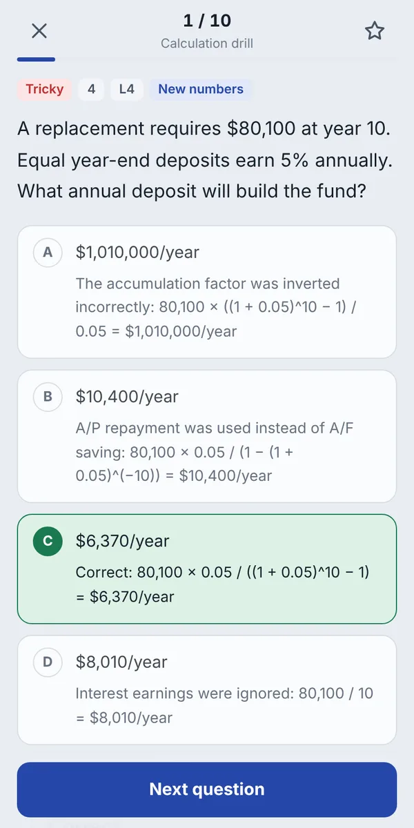 A calculation question where every wrong answer shows the mistake behind it